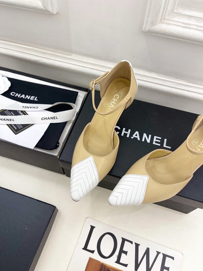 CC 26 SS Double C Slingback 7.5cm Beige White Calfskin 586936