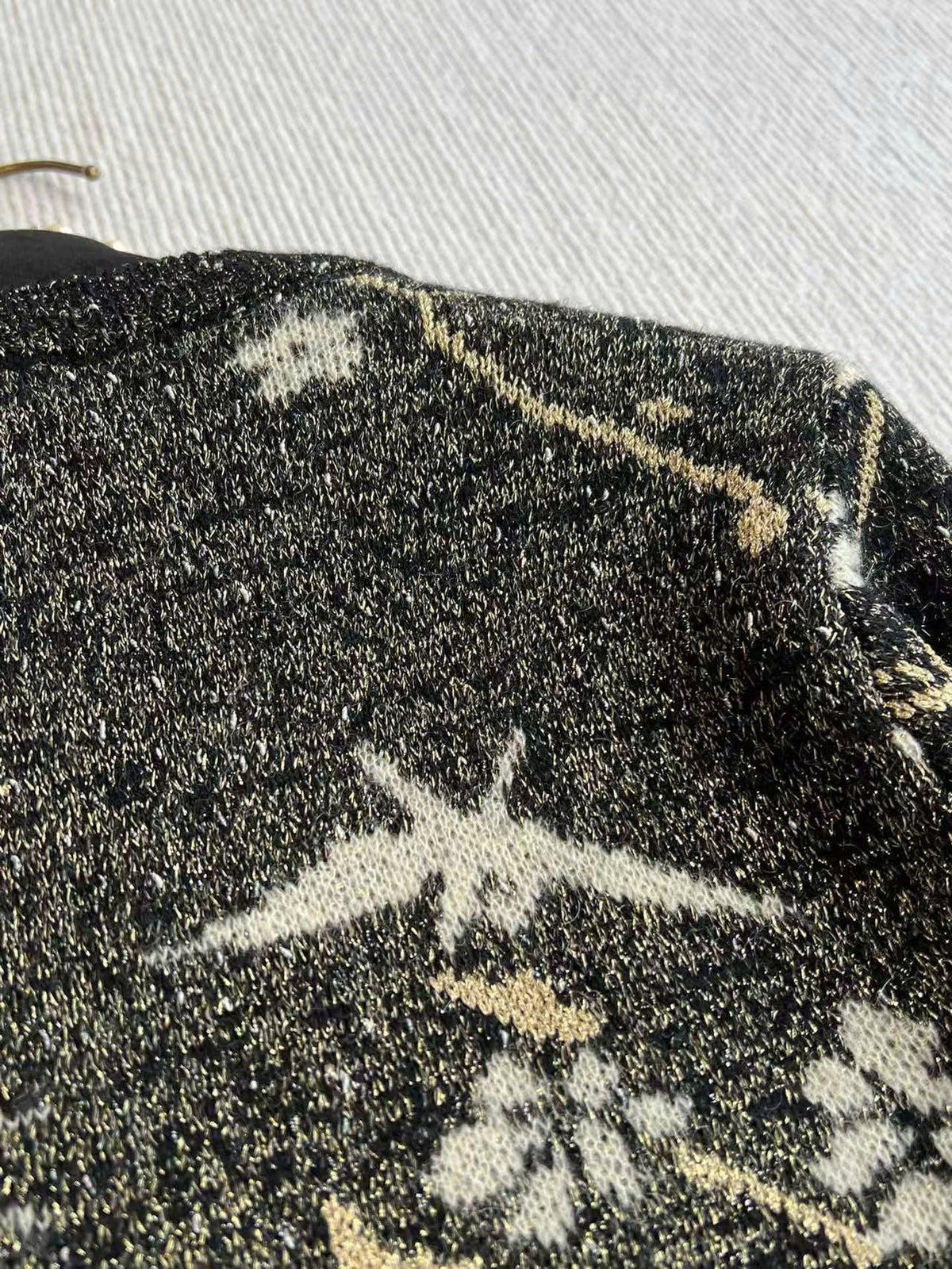 CC Sweater in Navy Blue Gold Wool and Metal Film