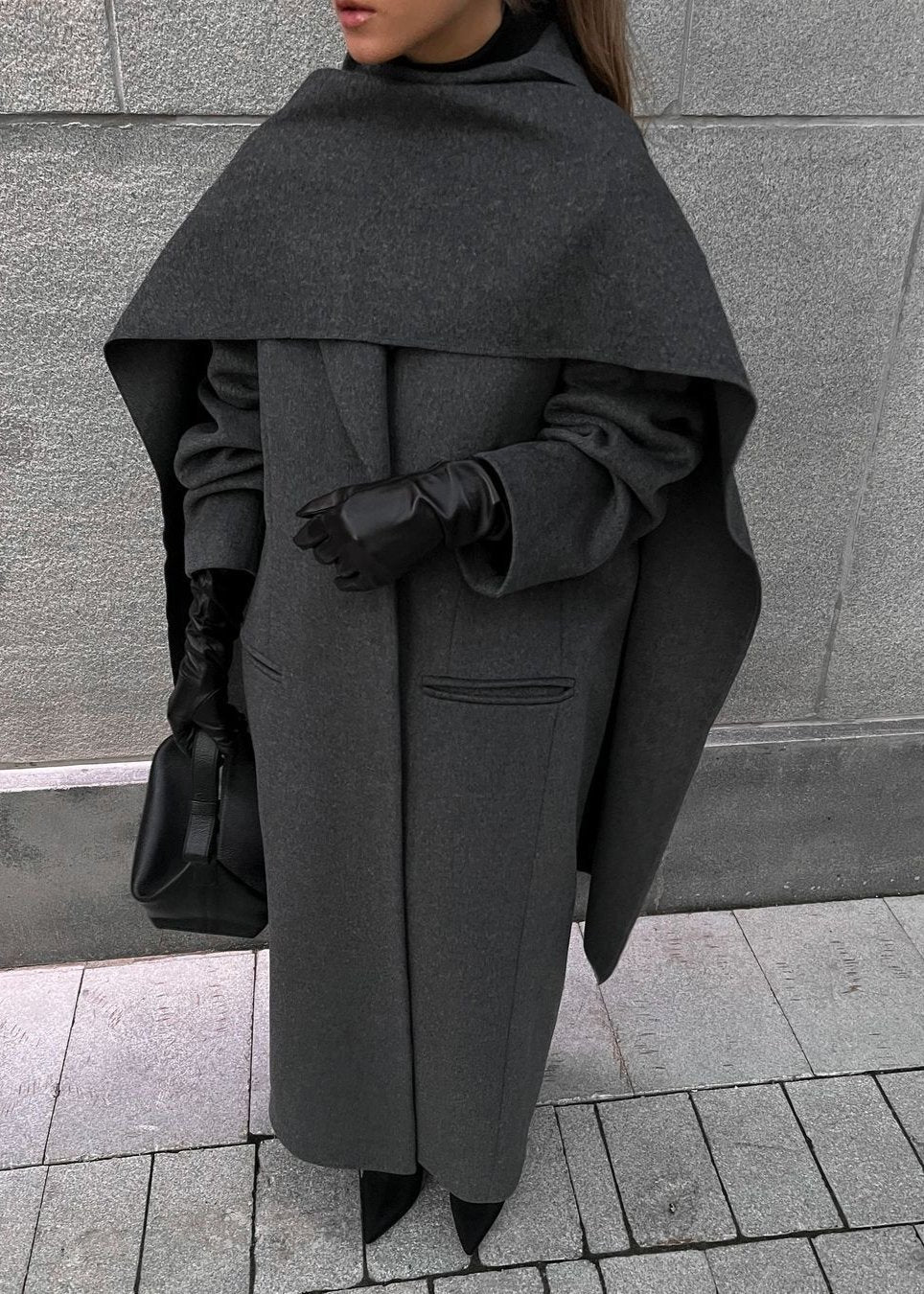 Long Overcoat Wool Like Fabric Asymmetric Draped
