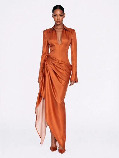 Scarlett Irregular Pleated Lapel Maxi Dress