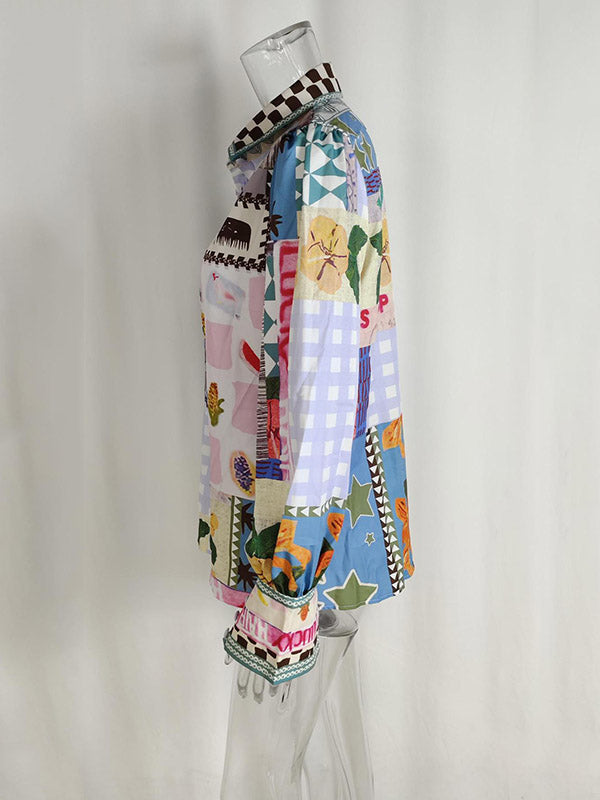 Loose Flower Painted Buttoned Puff Sleeves Lapel Collar Blouses