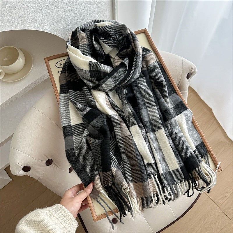 Color Block Plaid Fringe Scarf