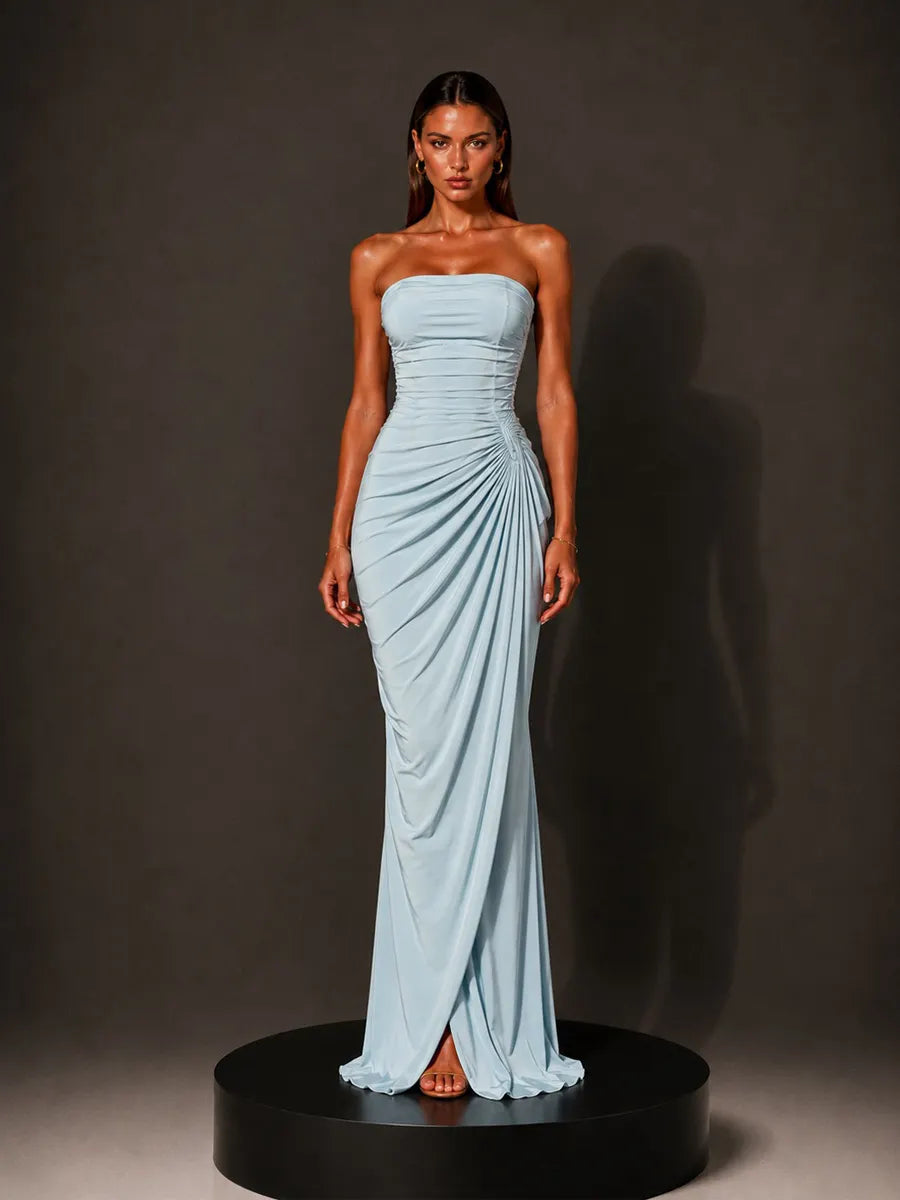 Isabella Strapless Ruched Bodycon Maxi Dress In Blue