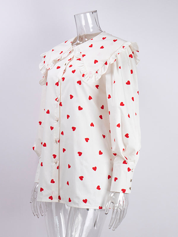 Loose Contrast Color Doll Collar Heart Print Blouses&Shirts Tops