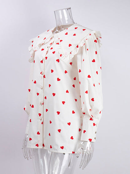 Loose Contrast Color Doll Collar Heart Print Blouses&Shirts Tops