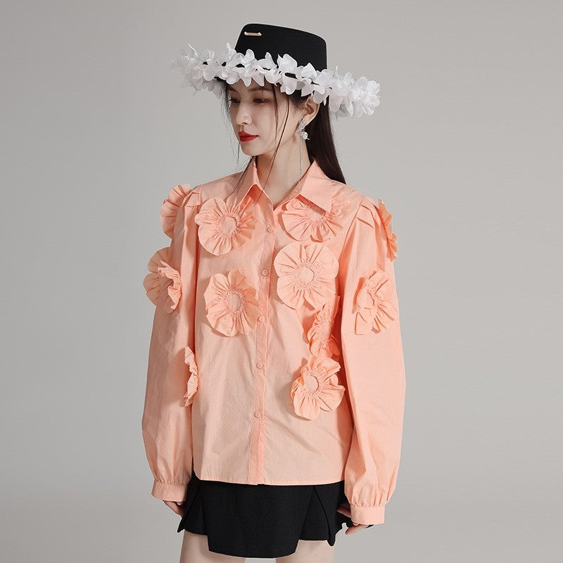Cotton Long Sleeve Shirt With 3D Floral Embroidery