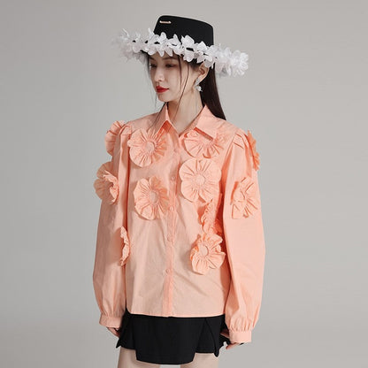 Cotton Long Sleeve Shirt With 3D Floral Embroidery