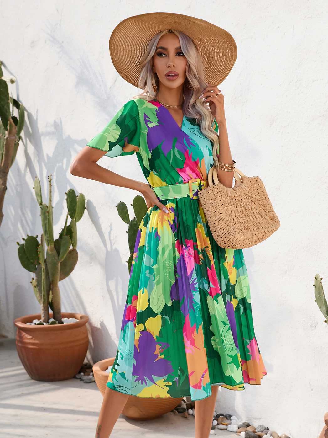 Summer Floral Print Pressed Short-Sleeved Dress
