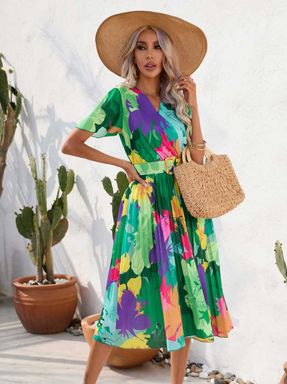 Summer Floral Print Pressed Short-Sleeved Dress