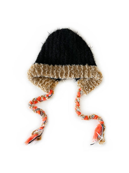 Haila - Winter Color Block Knitted Beanie with Tassel Braids