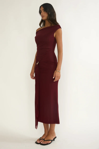 Lyssia Off-Shoulder Waist Sash Maxi Dress Cherry
