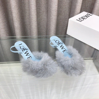 Loewe 25SS Fur-lined Mule 60 Blue in Fox Fur 597439