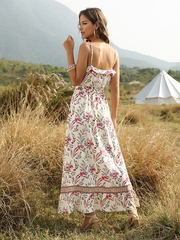 Bohemian Wind Printed Flounced V-Neck Suspender Dress