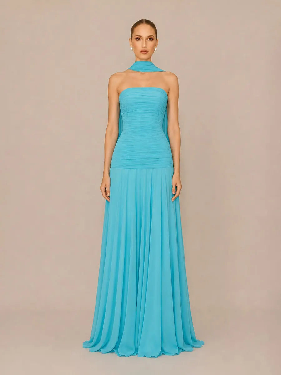 Mirabelle Elegant Pleated Strapless Maxi Dress with Flowing Ties
