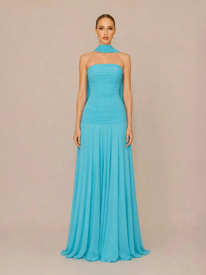 Mirabelle Elegant Pleated Strapless Maxi Dress with Flowing Ties