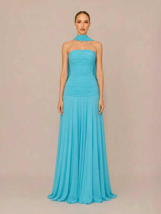 Mirabelle Elegant Pleated Strapless Maxi Dress with Flowing Ties