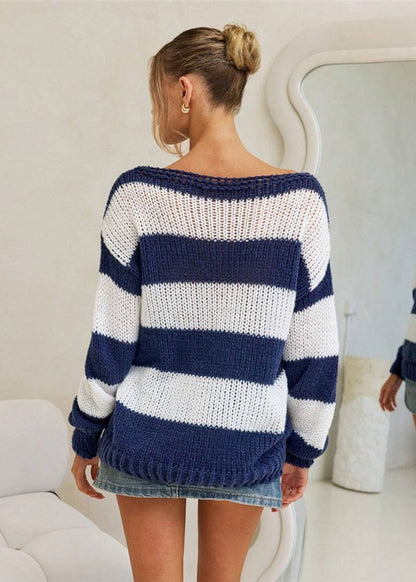 Striped Knit Boat Neck Sweater Navy White