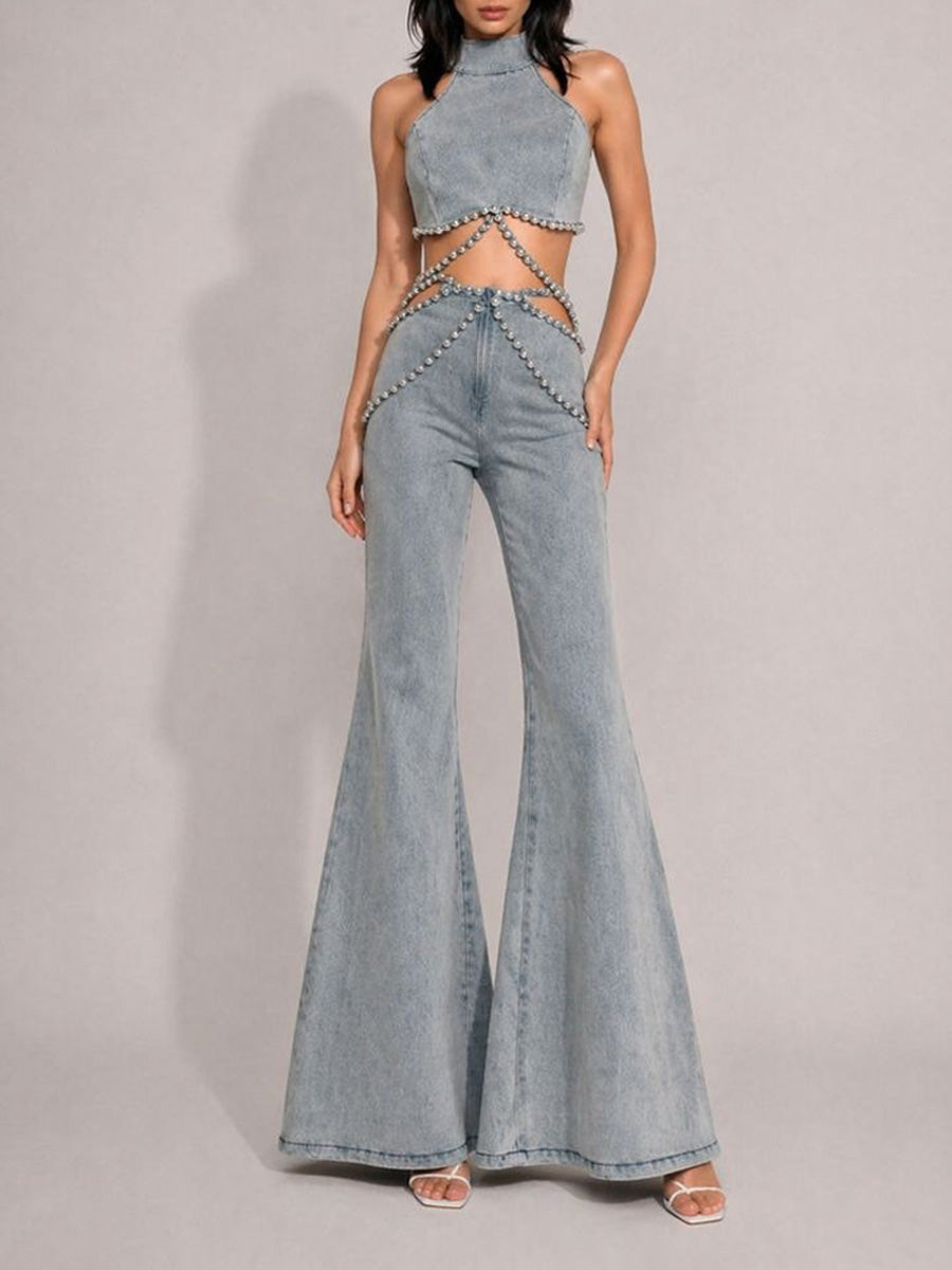 Aislinn Rhinestone-Embellished High-Waisted Denim Two Piece Set
