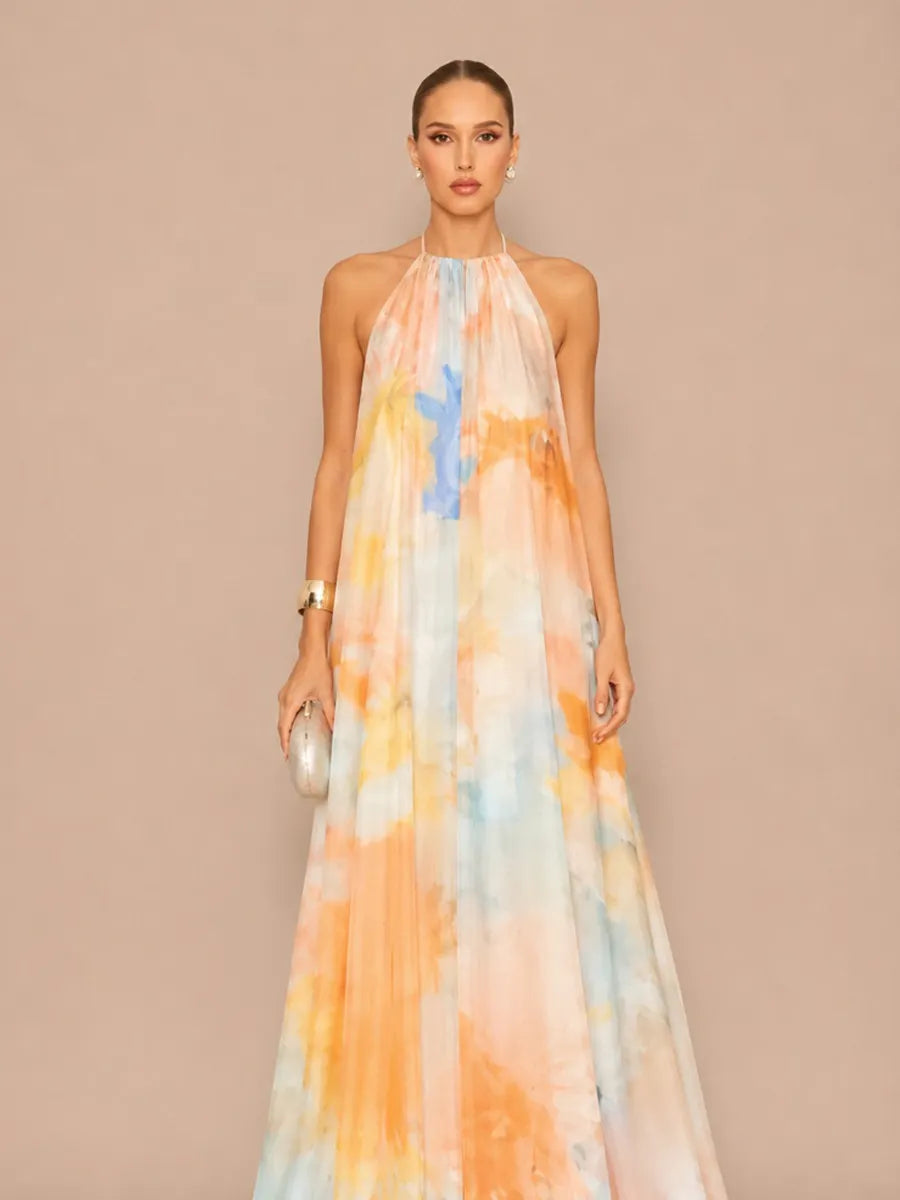 Isadora Printed Mesh Halter-Neck Open-Back Maxi Dress
