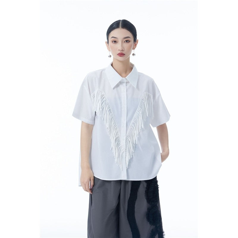 Fringe Spliced Short Sleeve Shirt Loose Retro Design