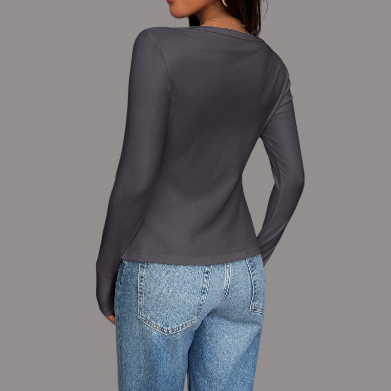 Long Sleeve U-Neck Polyester T-Shirt Jacket Solid Color