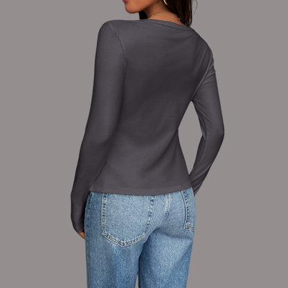 Long Sleeve U-Neck Polyester T-Shirt Jacket Solid Color