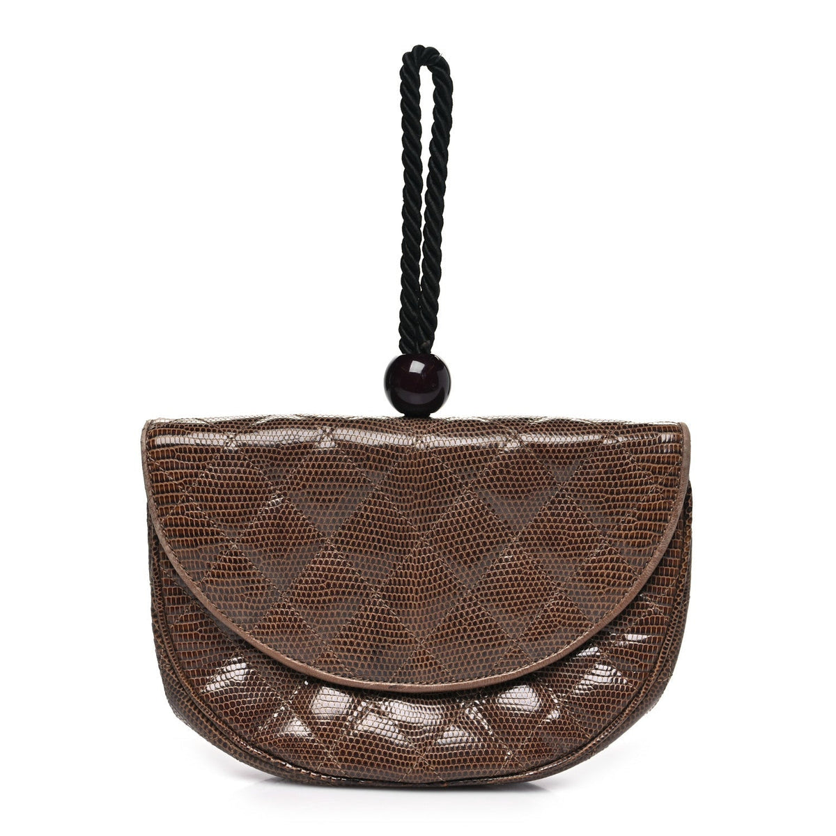 Lizard Quilted Rope Half Moon Clutch Dark Brown