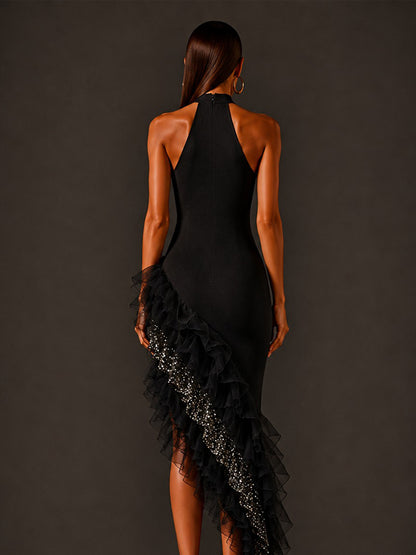 Valentina Asymmetrical Ruffled Hem Sequin Maxi Dress
