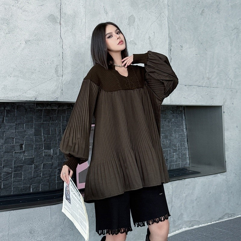 Pleated And Patchwork Knitted Sweater