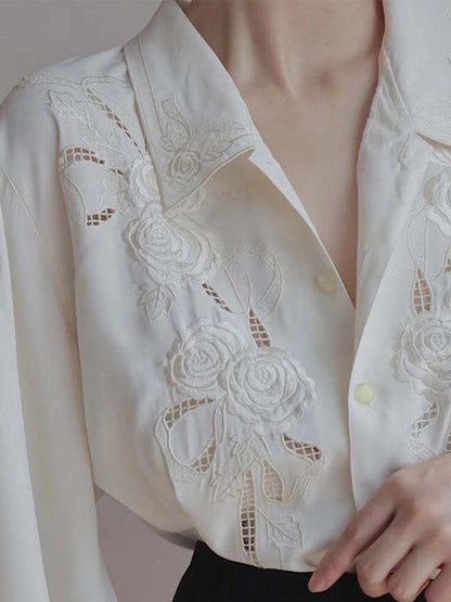 Loose Wrap Embroidered Hollow Solid Color Lapel Blouses&Shirts Tops