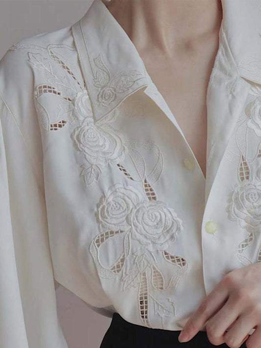 Loose Wrap Embroidered Hollow Solid Color Lapel Blouses&Shirts Tops
