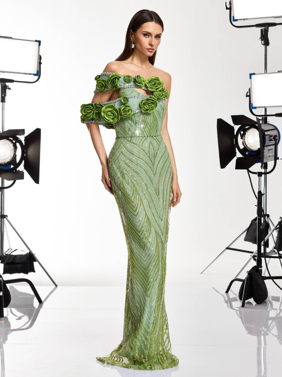Audrey Flower Sequin Rhinestone Maxi Dress