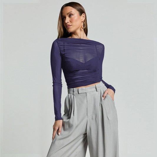 Mesh Ruffle Long Sleeve Tee