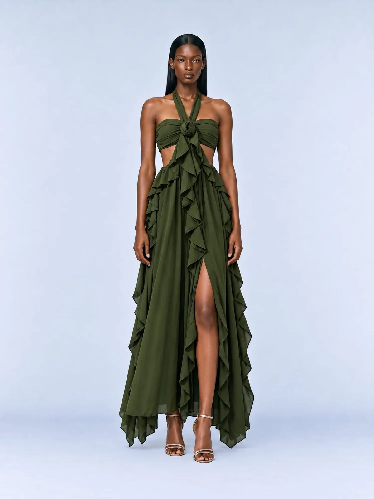 Solange Halter-Neck Ruffled Backless Maxi Dress