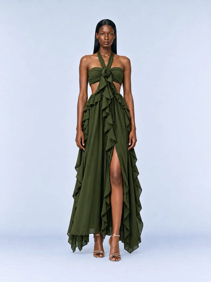 Solange Halter-Neck Ruffled Backless Maxi Dress