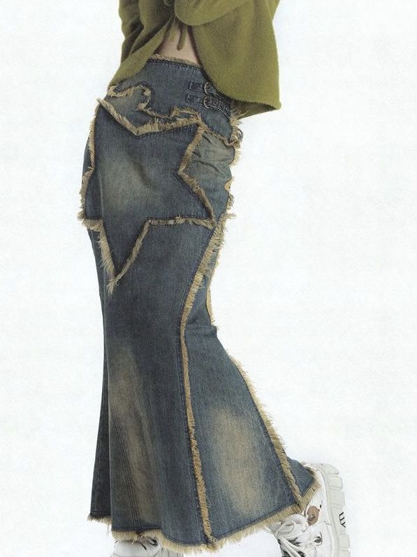 Old Vintage Washed Denim Skirt For Women