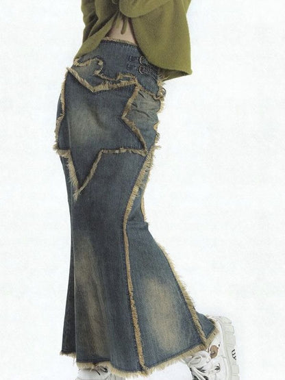 Old Vintage Washed Denim Skirt For Women