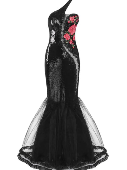 Anaya One Shoulder Floral Sequin Mermaid Maxi Dress