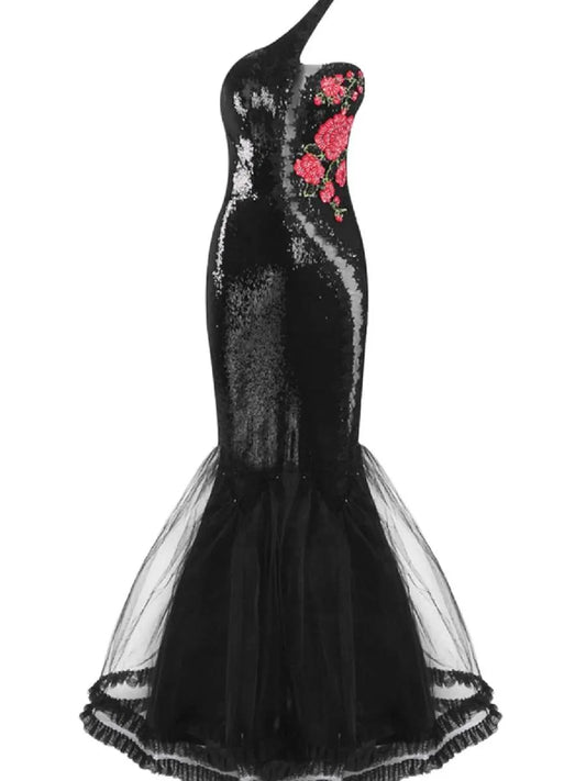 Anaya One Shoulder Floral Sequin Mermaid Maxi Dress