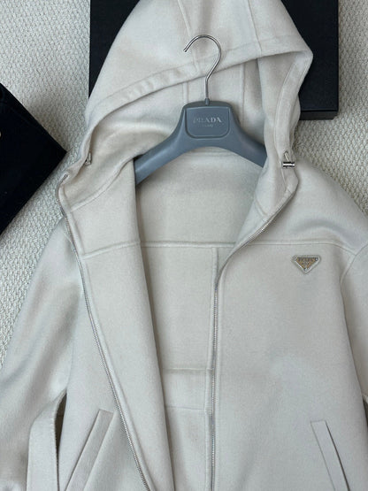 Prada 25 Hooded Coat Ivory Wool 637351