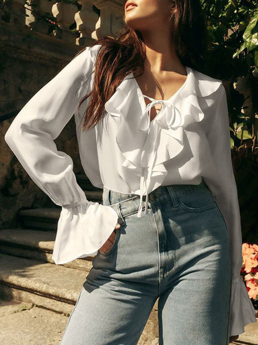 Solid Color Ruffled Flared Sleeves Long Sleeves V-Neck Blouses