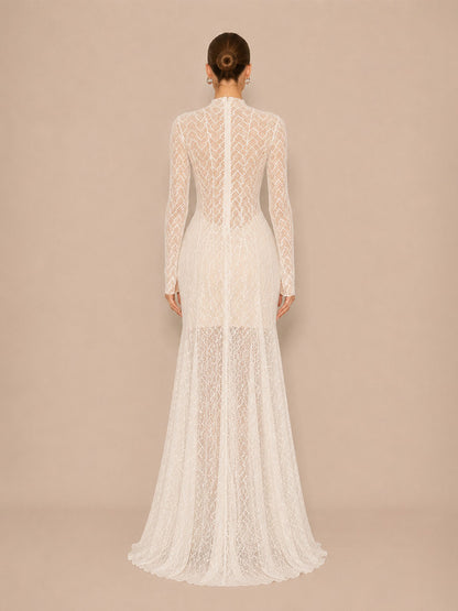 Helena Fitted Long-Sleeve Lace Maxi Dress