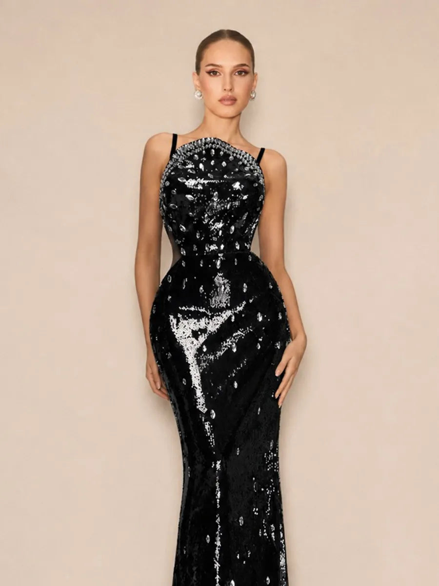Zyla Glamorous Tailored Cut Out Rhinestone Sequin Maxi Dress