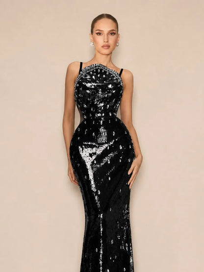 Zyla Glamorous Tailored Cut Out Rhinestone Sequin Maxi Dress