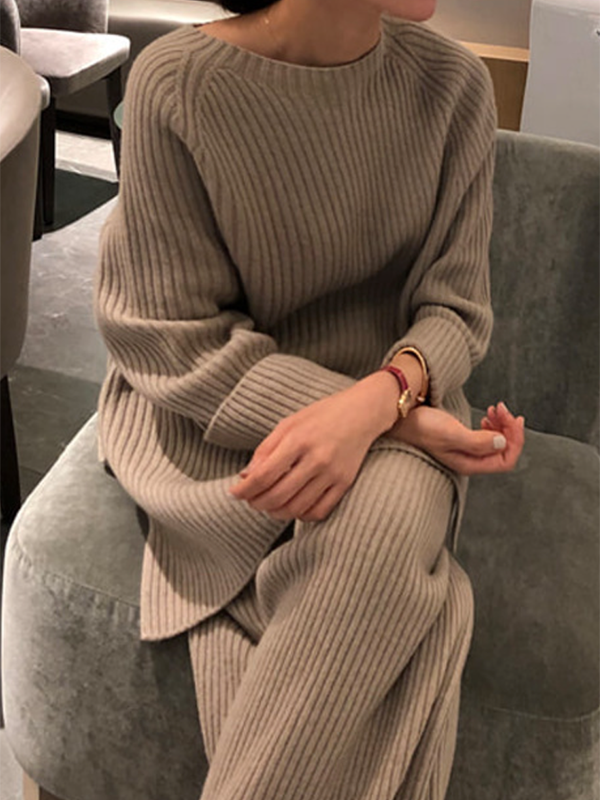 Long Sleeves Wrap Solid Color Split-Side Round-Neck Sweater Tops&Pants Suits