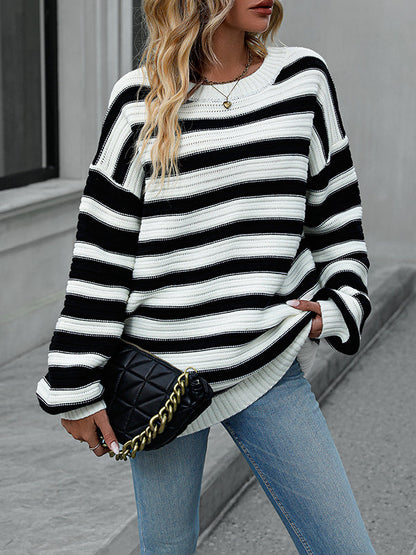 Long Sleeves Loose Striped Round-Neck Pullovers Sweater Tops