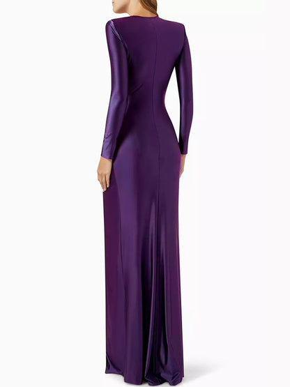 Bodycon Long Sleeves Pleated Solid Color Split-Front Tied Waist Deep V-Neck Maxi Dresses