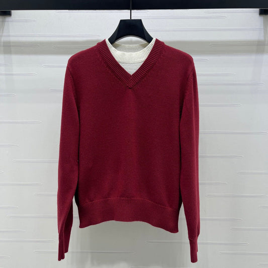 CC 26s Crew Neck Color-Blocked Faux Two-Piece Sweater Red Cashemere 344152