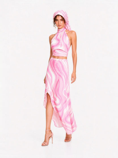Delilah Printed Satin Maxi Skirt Set with Headscarf