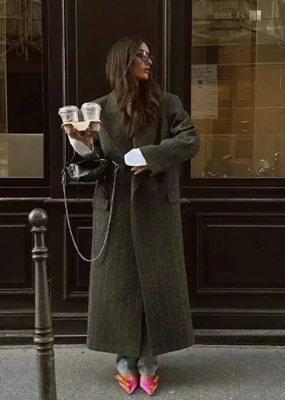 Long Woolen Coat Pinstripe Tailored Fit Gray